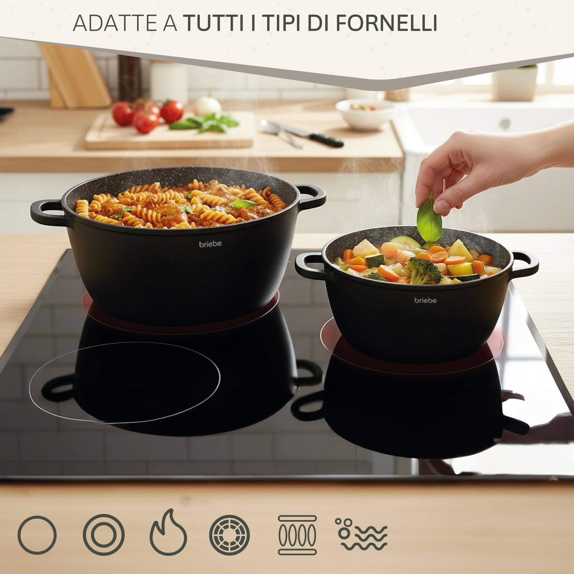 briebe Black Titanium Pentola Induzione Antiaderente Titanio, Casseruola 28cm, Alluminio Fuso, Rivestimento senza PFOA, Coperchio Vetro, Maniglie in Silicone, Vetroceramica, Gas, Forno