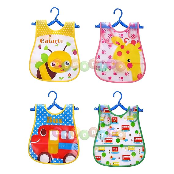 DOMENICO Washable Colorful Waterproof Baby Apron cum Bib Unisex Cute Cartoon Baby Bib Drool Baby Bib Baby Feeding Bibs for Infant Toddler 9 Months to 6 Years Old- Random Print