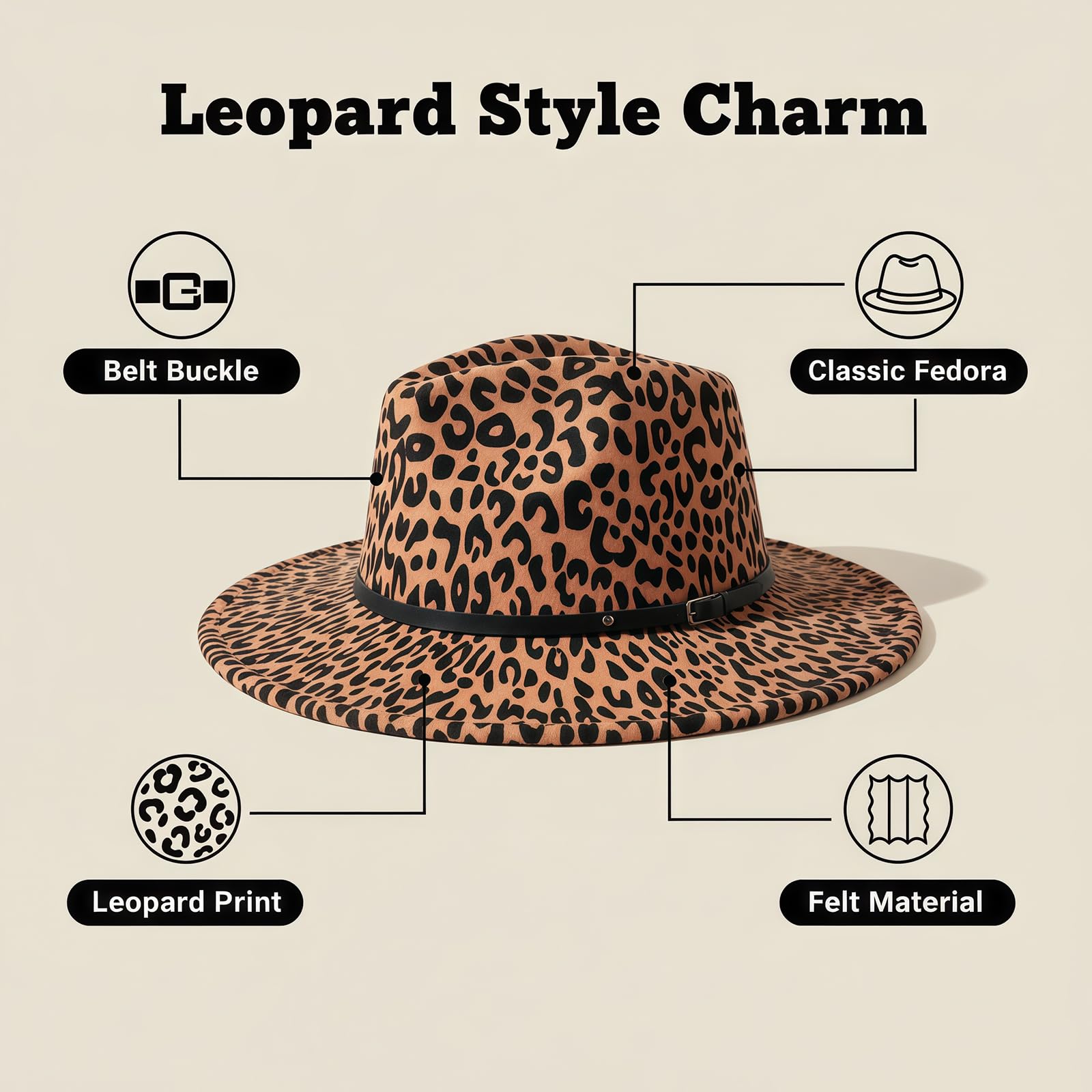 Chapeau Fedora unisexe imprimé léopard large bord feutre Trilby Panama Church Derby Cap avec boucle de ceinture (Kaki)
