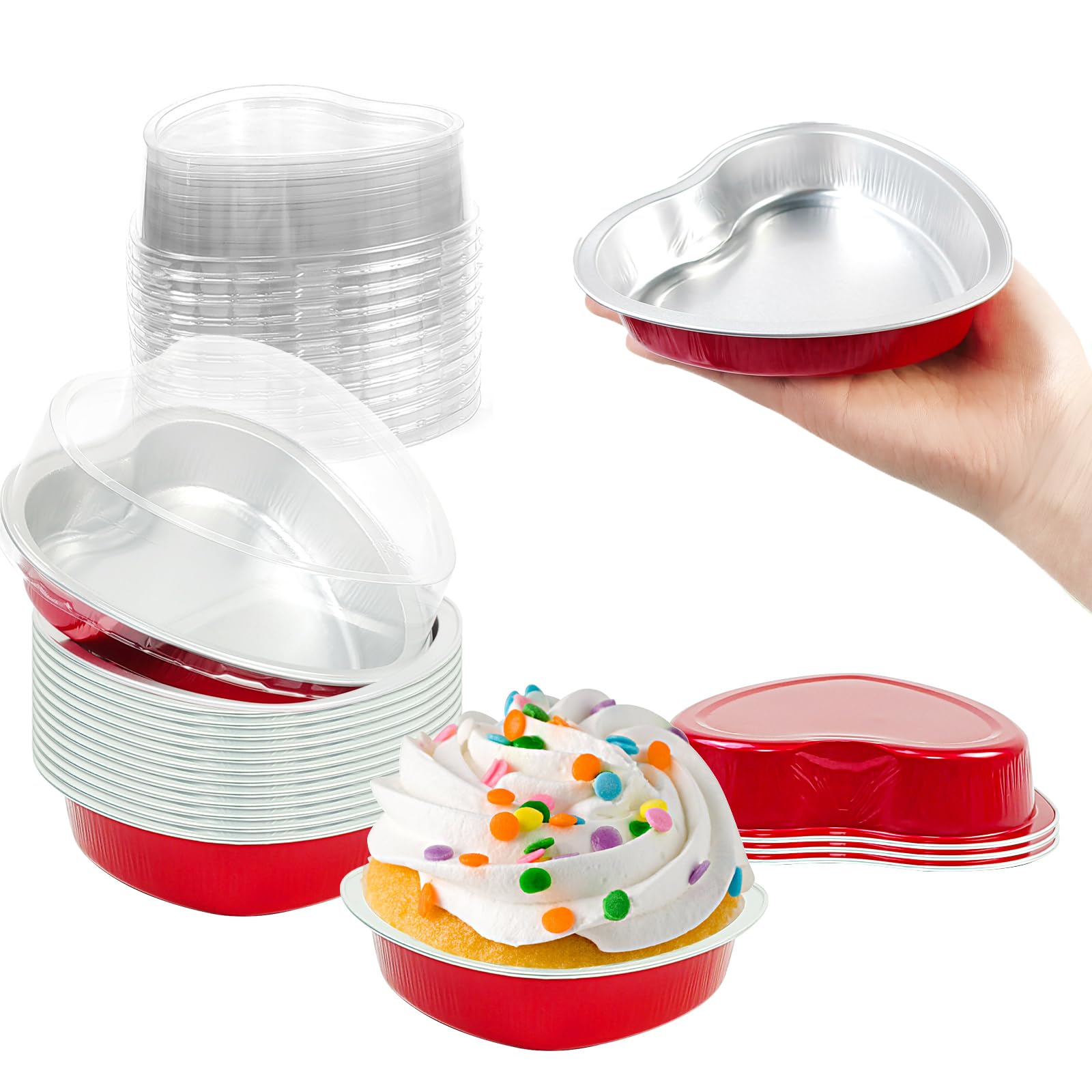 18 moldes grandes de aluminio en forma de corazón con tapas transparentes, 225 ml, desechables, moldes para tartas de corazón, moldes para hornear cupcakes, latas, recipientes de ramequines para el