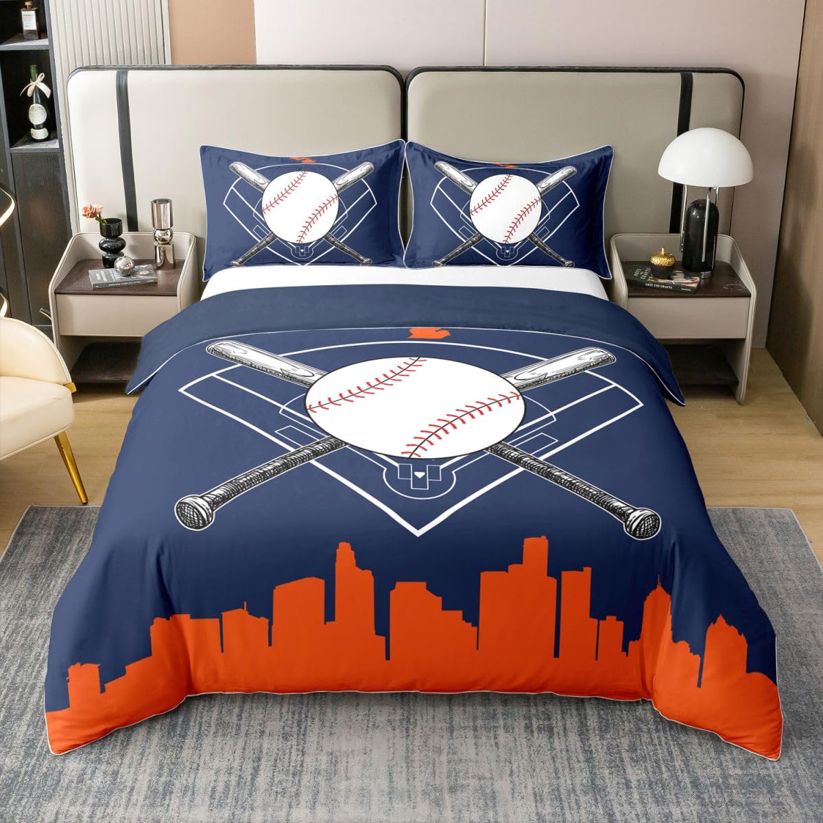 Homewish Chłopcy Baseball Dzieci Pościel Pojedyncza Piłka Gry Coton Kołdra Zestaw Nastolatki Młodzież Sport Gra Kołdra Poszewka na kołdrę Sylwetka Miasto Zestawy Łóżek Granatowy Pomarańczowy