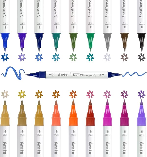 Arrtx Metallic Paint Pens 18 Colors Metallic Brush Marker and Fine Tip Marker (Dual-Tips)for Rock Painting, Wood, Fabric, Plastic, Canvas, Easter Egg