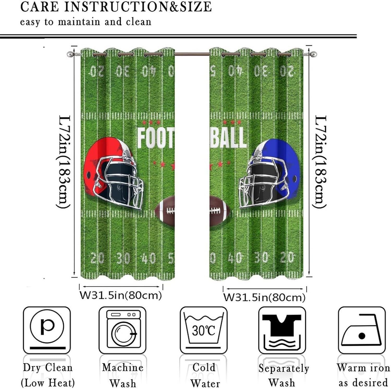 Brebasf American Football Sports Games Perforated Window Treatments,Abstract Rugby Ball Helmet Design Curtain Suitable for Bedroom,Living Room,Kitchen-2 Panels 72" L x 31.5" W