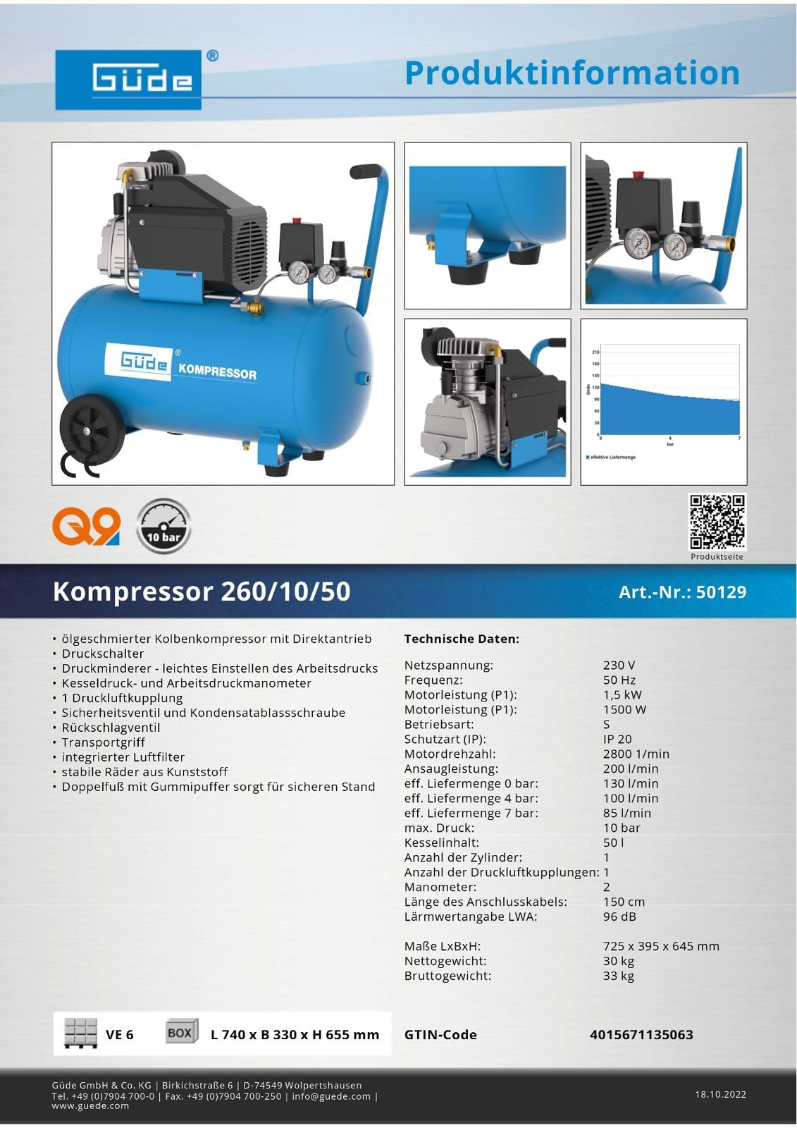 Güde Kompressor 260/10/50 (1500 W, 50 l Kessel, ölgeschmiert, max. 10 bar, eff. Liefermenge 130 l/min, Druckschalter, Druckminderer, 2 Manometer, Sicherheitsventil, Druckluftkupplung, Transportgriff)
