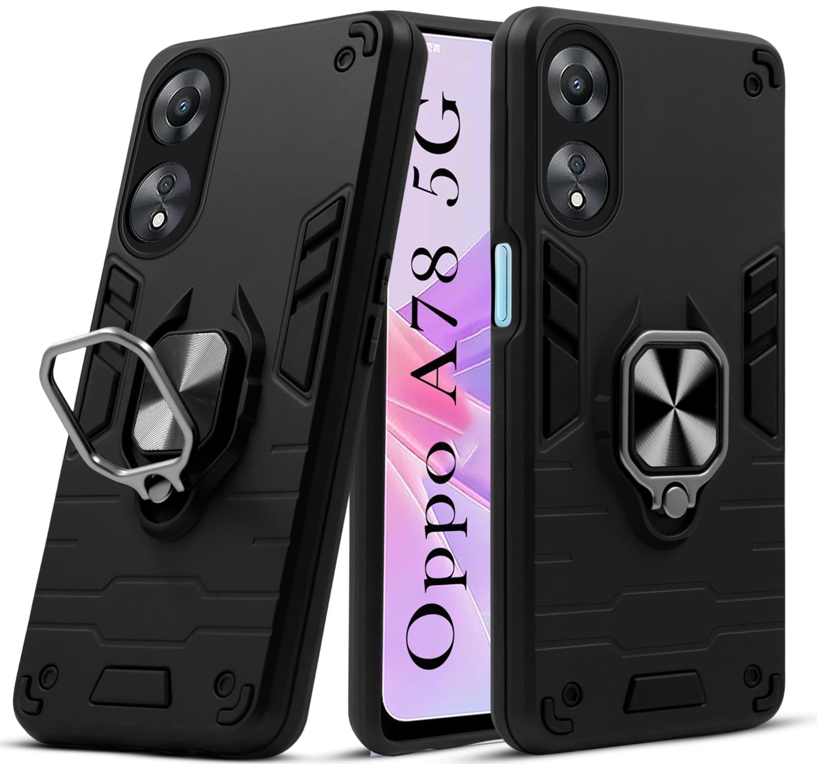 Cover Per Oppo A78 5G / A58 5G Con Supporto Magnetico 360° | Protezione Anti-caduta Militare TPU+PC | Custodia Con Anello Reggibile E Piastra Per Auto | Blu Reale - 3