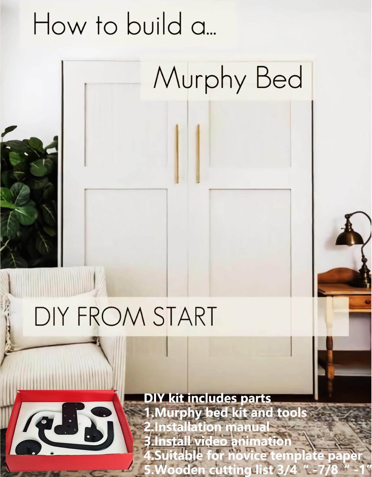 Create A Luxurious Bed Murphy Kit de herrajes para cama de cama Hover in Mid Air Hydraulic Rod Gas Spring System (Horizontal, individual/individual XL)