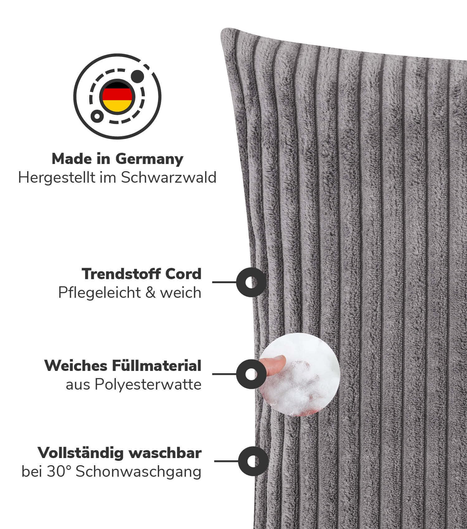 mokebo Dekokissen Set 'Die Kuschelbuddies', 2er-Set Cordkissen 45x45 cm mit Füllung in Anthrazit, auch als Sofakissen, Zierkissen oder Couchkissen mit Cordbezug