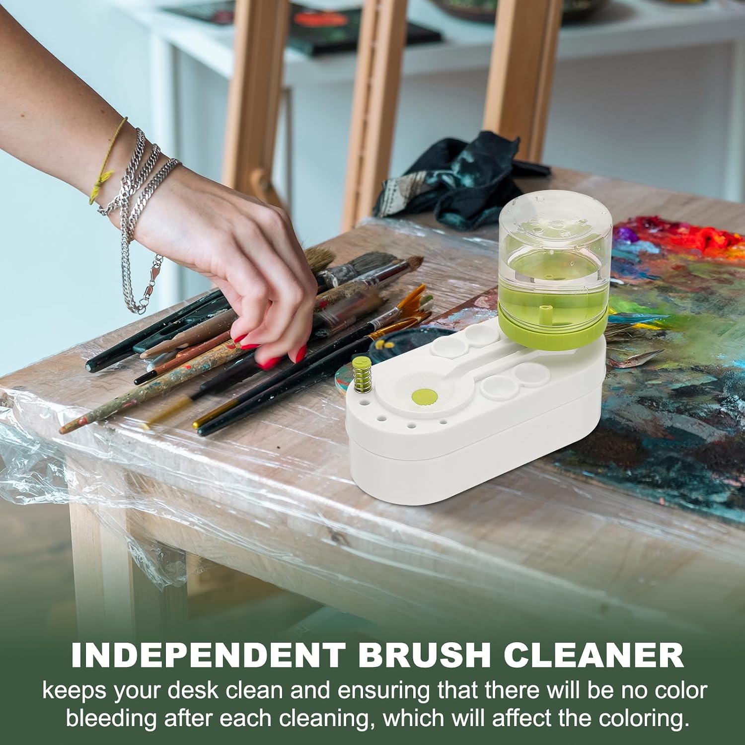 YOKIVE Paint Brush Cleaner, White Green Water-Based Painting Brush Washer with Water Tank Holder Art Supplies for Watercolor