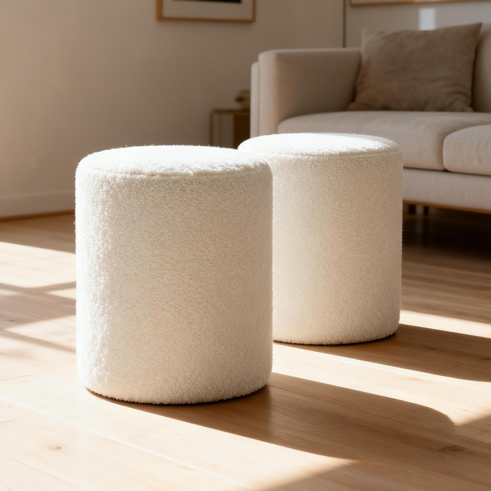 YDcosyfy Modern Round Ottoman 2Pcs, Classic Foot Stool Ottoman, Teddy Fleece Upholstered Vanity Stool for Makeup, Bedroom, Living Room, White