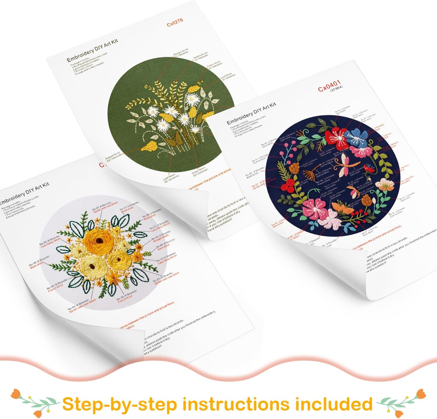 Mocoosy 3 Pack Embroidery Kit for Beginners, Embroidery Starter Kit with Pattern and Instructions, Stamped Cross Stitch Sets Sewing Craft Include 3 Embroidery Fabric, 3 Bamboo Hoops and Color Threads
