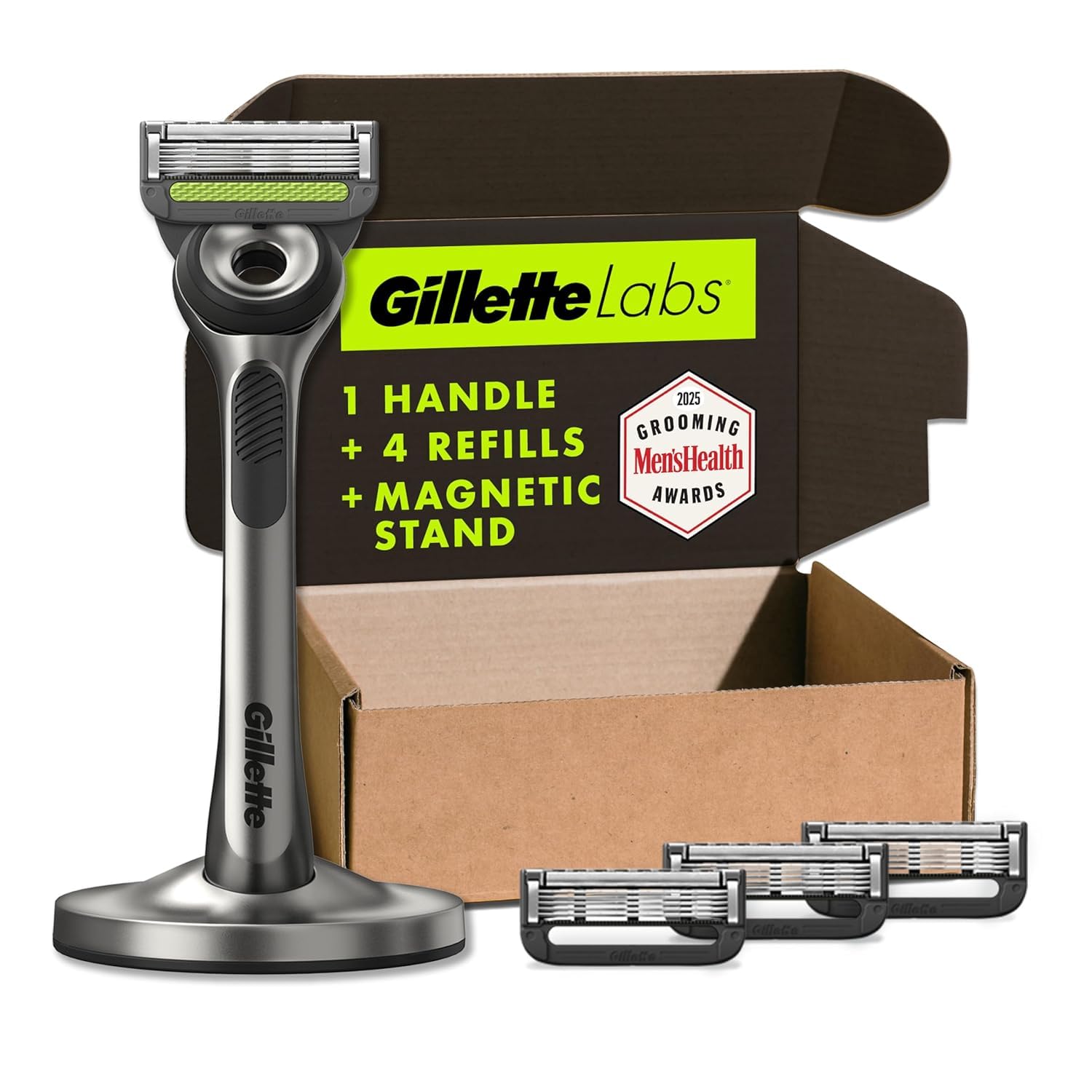 Gillette Mens Razor with Exfoliating Bar by GilletteLabs, Shaving Kit for Men, Includes 1 Handle, 4 Razor Blade Refills, 1 Premium Magnetic Stand