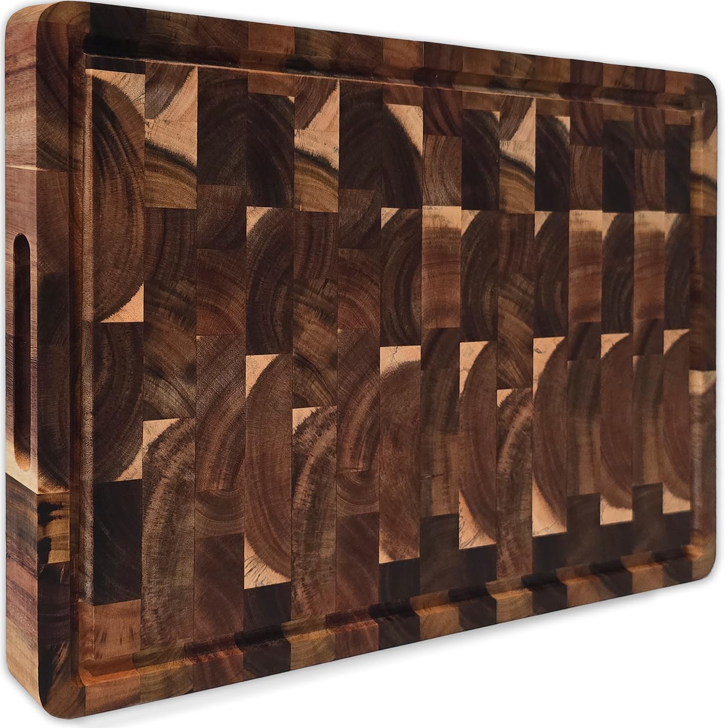 Novaki Planche à Découper Acacia Premium 40x30x2,5 cm – Bois de Bout Naturel, Double Face avec Rainure à Jus et Poignées – Fabrication Responsable et Matériaux Durables