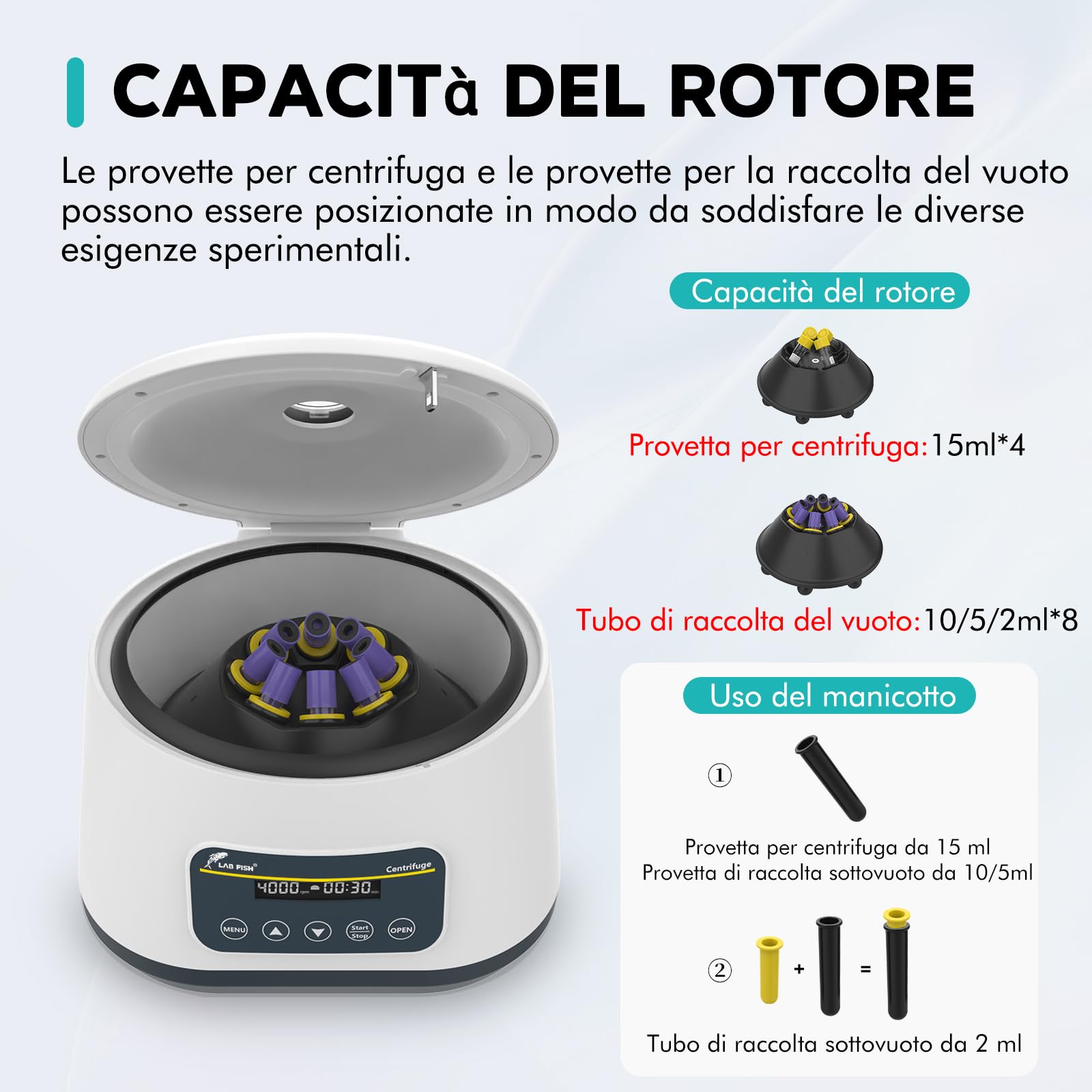 LAB FISH LC-400 Centrifuga da Laboratorio Bassa Velocità per PRP/PRF, 4000 RPM, 1717 xg, Timer 30s-59min, per 4x15ml o 8x2/5/10ml Tubi