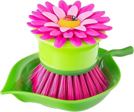 Vigar Flower Palm Dish Scrub Brush with Holder, Perfect Kitchen Brushes for Dishes, Sink Brush and Cleaning Brushes for Household Use, Pink, Green