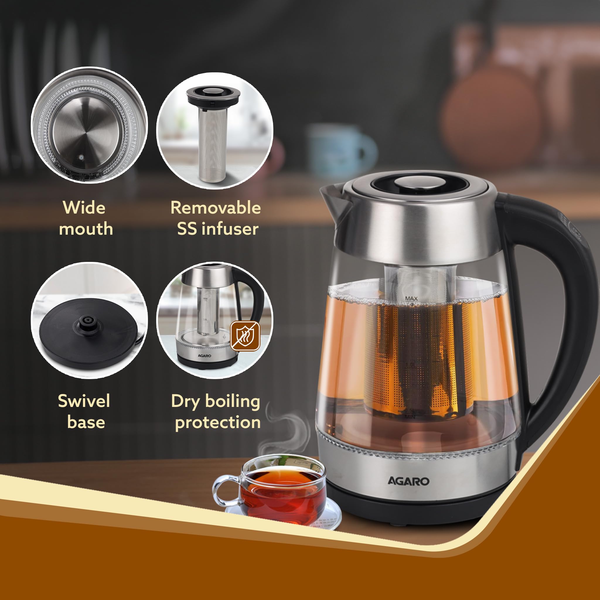 AGARO Supreme Electric Glass Kettle With Tea Coffee Infuser, liter,  Borosilicate Glass Body, Variable Temperature Settings, Auto Shut Off, Stay