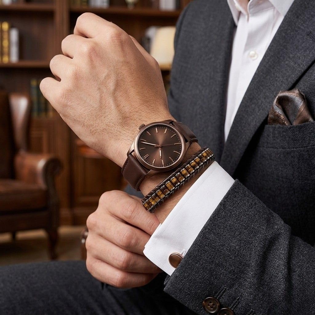 Bracelet Œil de Tigre Homme - Bracelet en Pierre Naturelle pour Homme - LesBacos Bijoux Masculins avec Détails en Cuir, Fermoir Magnétique Noir Brillant