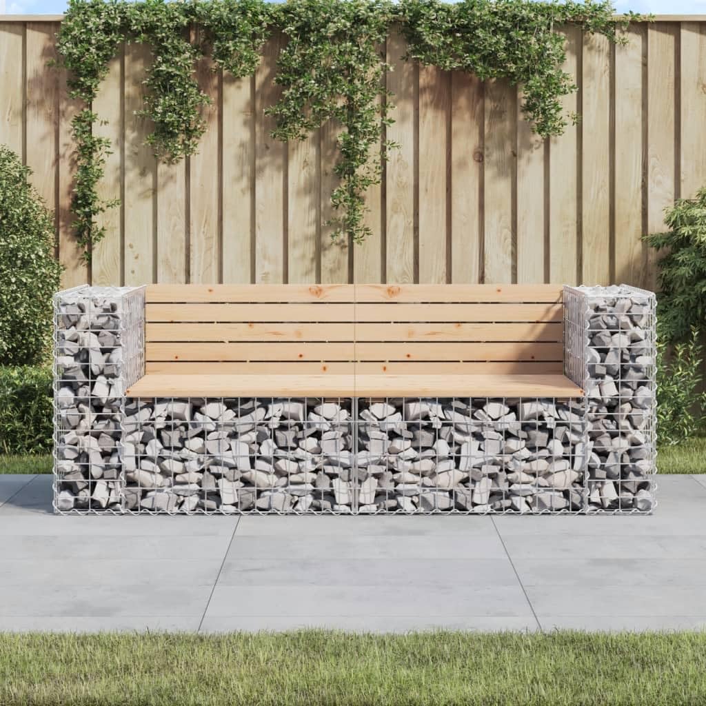 Banco de jardín de madera maciza de pino con base de gavión, 184 x 71 x 65,5 cm, robusto, banco para exteriores, para jardín, terraza y balcón