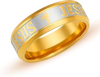 Stainless Steel JESUS Cross Ring - Christian Faith Scripture Jewelry for Men - 8mm Comfort Fit Wedding Cross Band Durable Polished