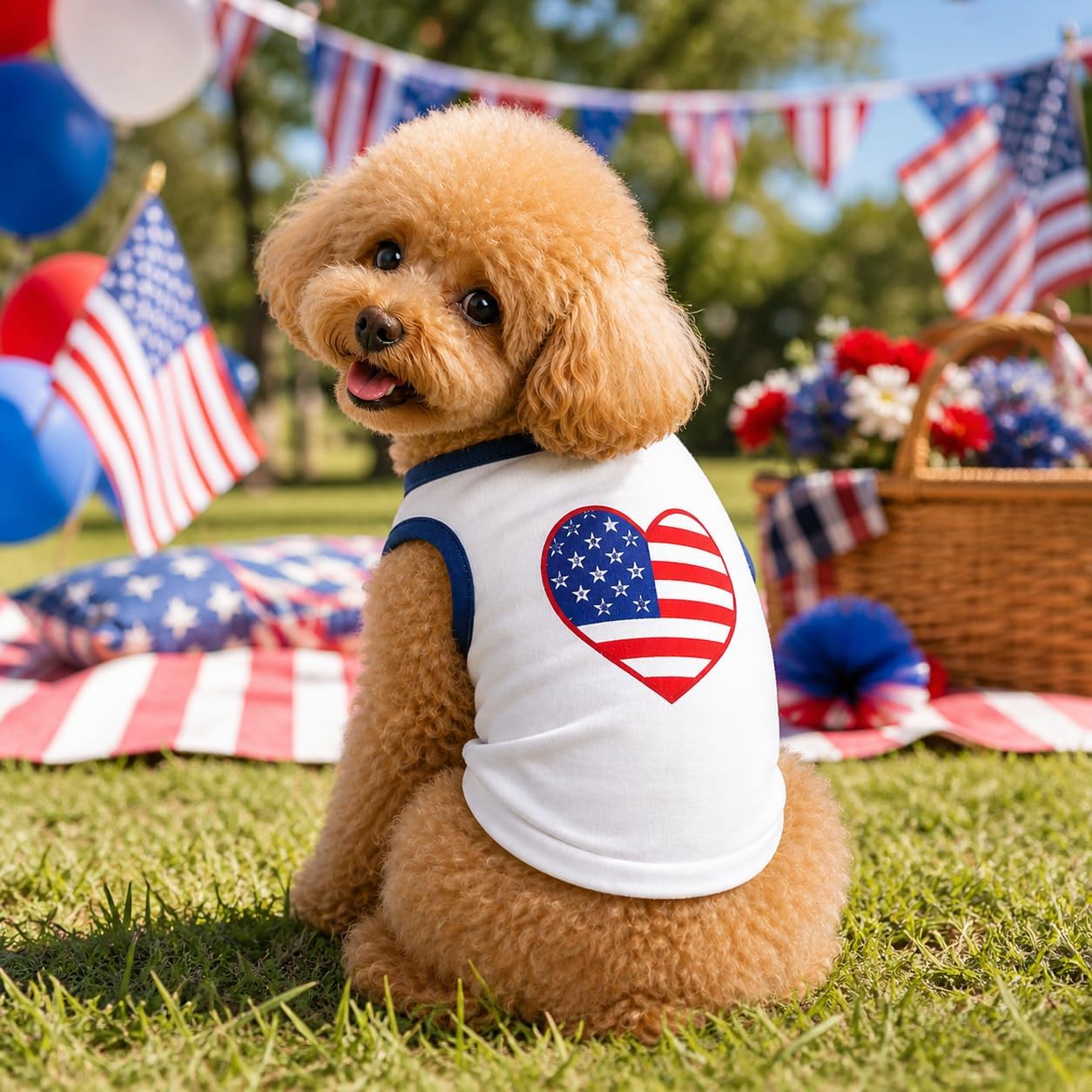 Petitebella USA Heart Puppy Dog Shirt (White/Blue, Small)