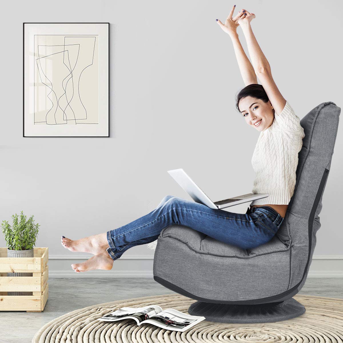 LIFEZEAL Chaise de Sol Pivotante à 360°Réglable en 5 Positions, Fauteuil Sol avec Dossier Réglable, Chaise de Méditation en Mousse, Design Pliable, Charge Maximale 150 kg (Gris)