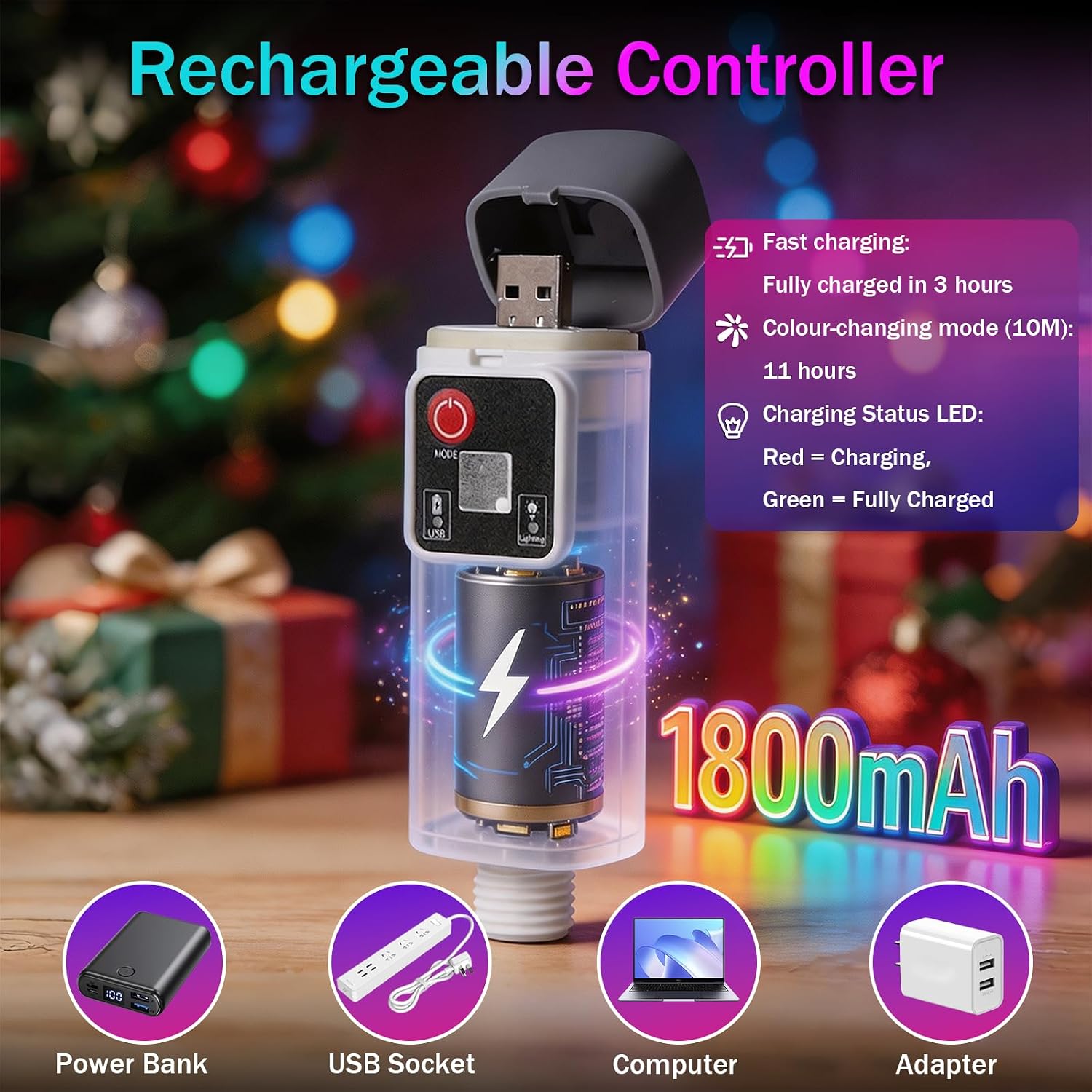 RGB Smart IC String Lights Indoor, 66FT 200 LEDs Rechargeable Lights image 4