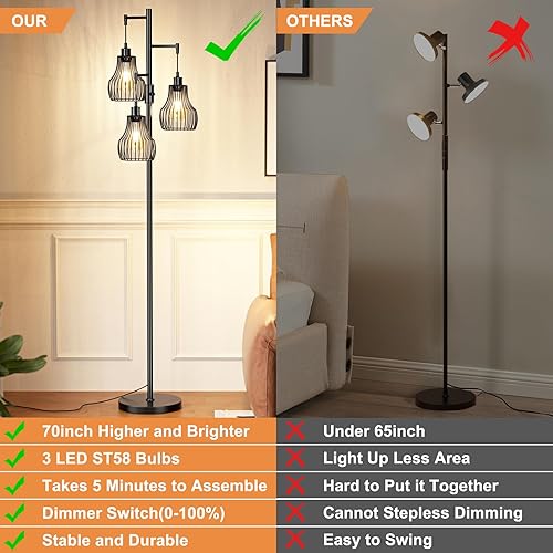 Miniatura 3 de Lámpara de pie regulable, 3 bombillas LED Edison de 800 lm incluidas, lámpara de pie industrial de granja con lámpara de árbol de pie con elegante