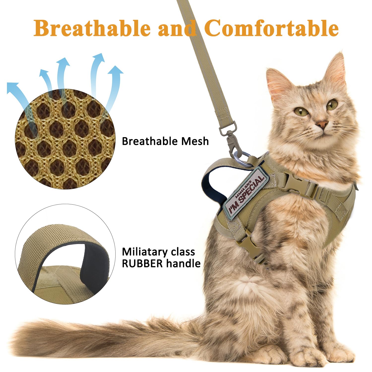 Taktisches Katzengeschirr zum Spazierengehen, ausbruchsicher, weiches Netzgewebe, verstellbar, Haustierweste, Geschirr für große Katzen, kleine Hunde und Khaki (Khaki, Medium)