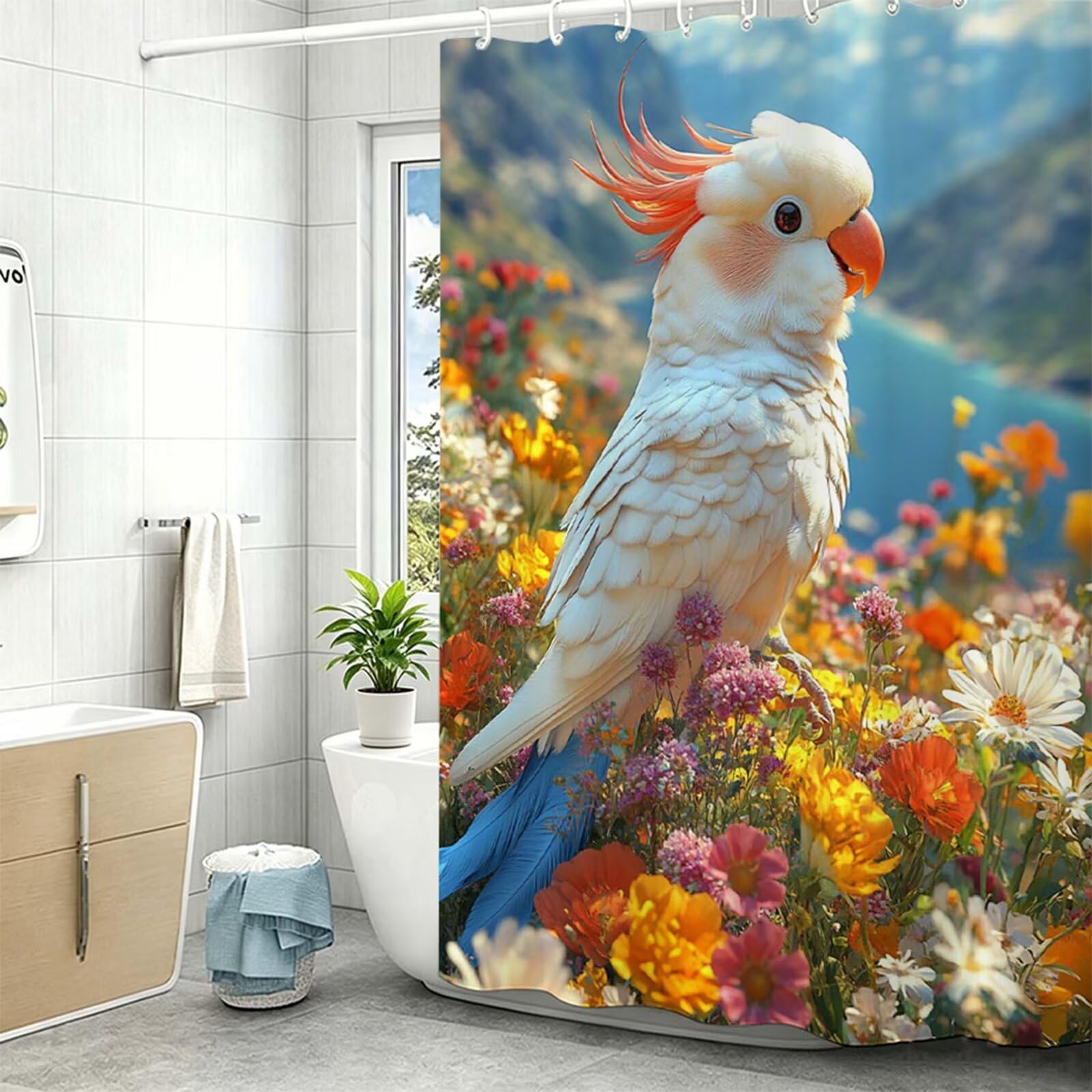 Tenda Doccia in Poliestere arancia,Tende per Doccia Extra Lunga 240x200cm,uccello Tenda Vasca da Bagno Tessuto Lavabile,Impermeabile e Facile da Pulire,con 12 Ganci,Decorazione per Bagno,Hotel Z-426