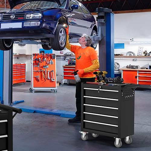 Miniatura 2 de Cofre de herramientas de 5 cajones, carrito de herramientas con ruedas, armario de herramientas de alta capacidad con sistema de bloqueo para