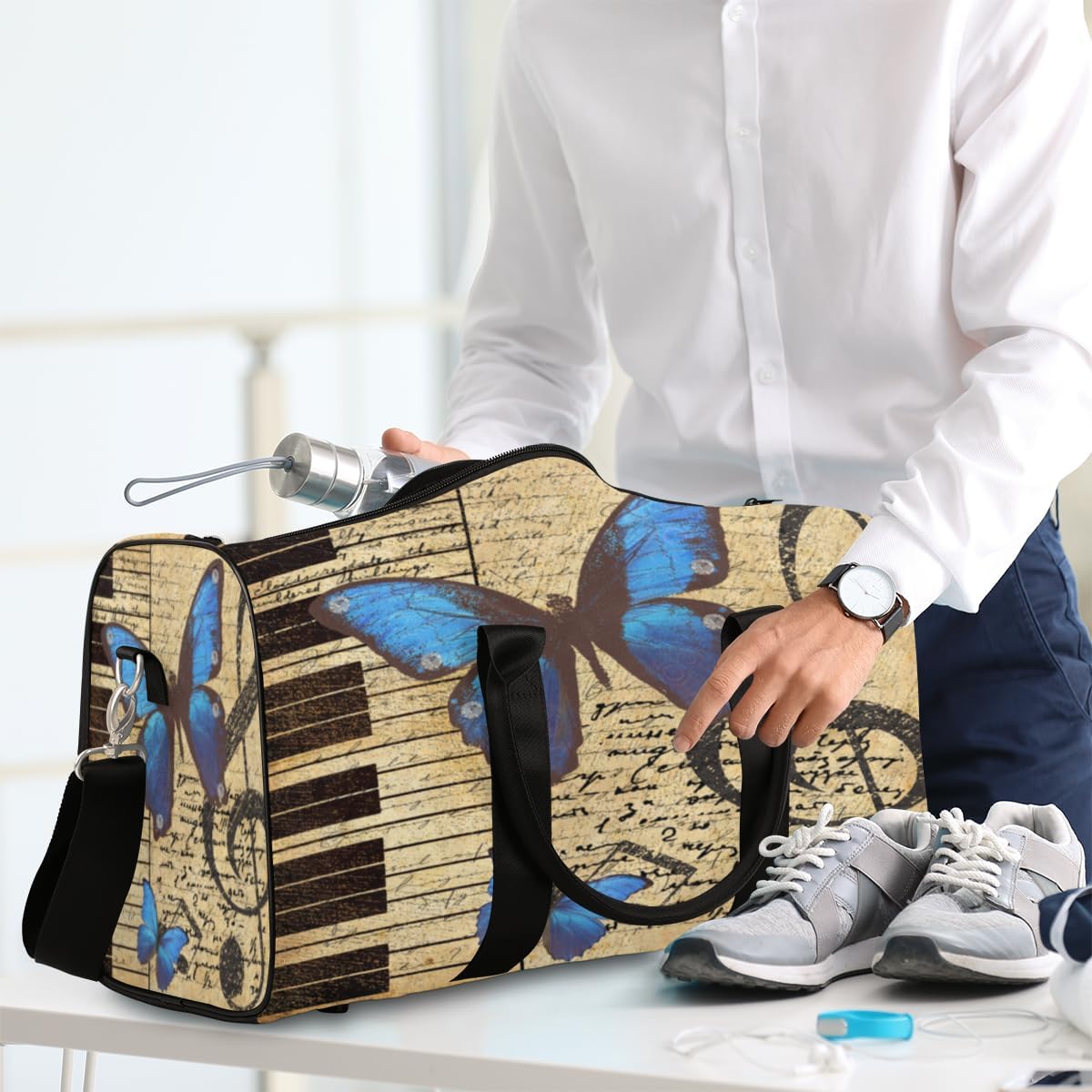 Vintage Guitar Note Butterfly Travel Duffel Bag for Women Men Large Capacity Overnight Weekender Bags for Lightweight Waterproof Sport Gym Bag for Workout Yoga Swim