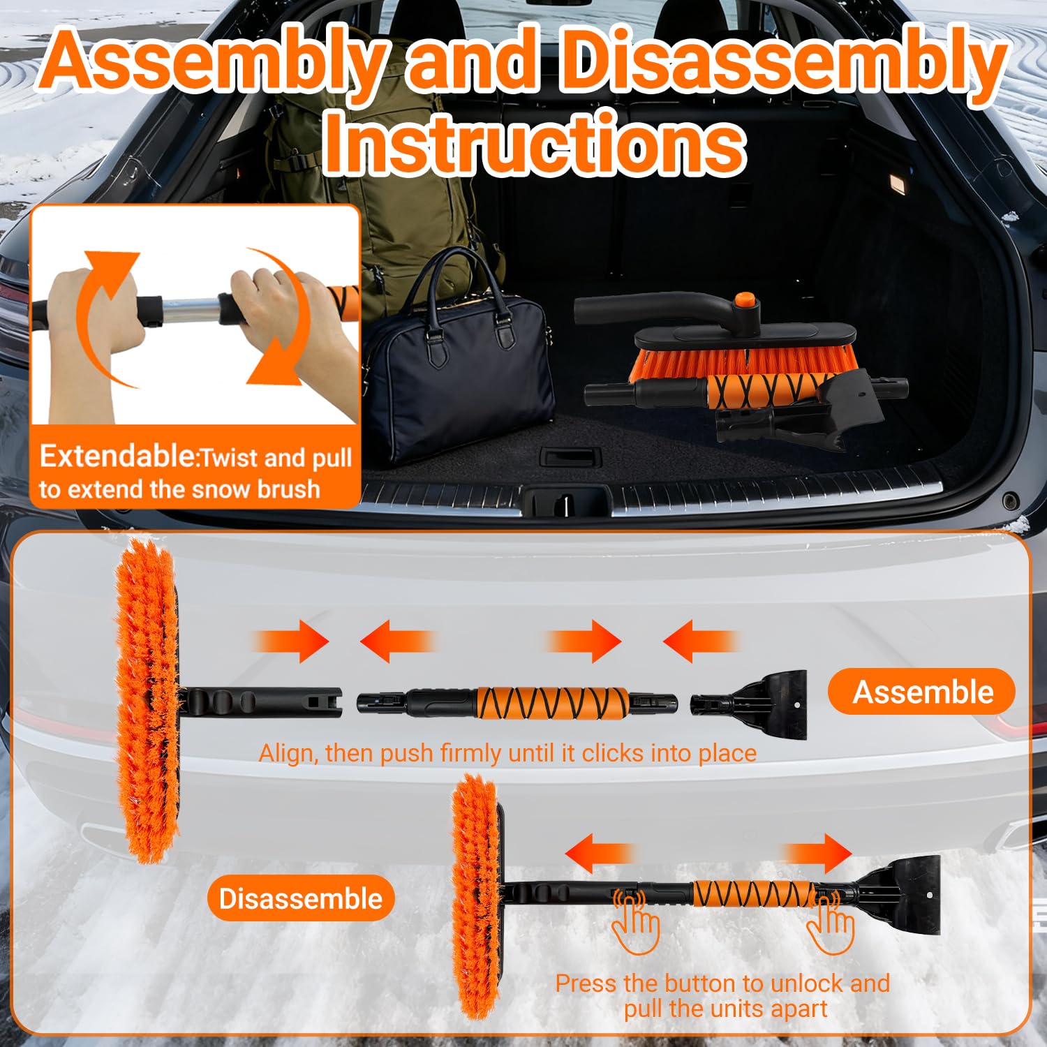 Rascador de hielo y cepillo de nieve 2 en 1 mejorado para automóvil, extensible hasta 33 pulgadas con cómodo agarre de espuma y cabezal giratorio para camiones, SUV, parabrisas de