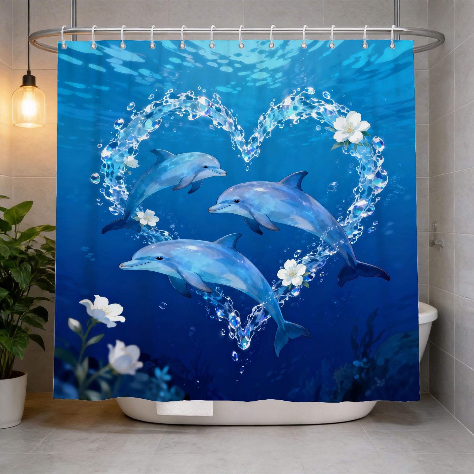 Hongduo 3D Heart Shaped Dolphin Shower Curtain for Stalls Bathtubs Romantic Illustration Bathroom Decor Shower Curtain Set Polyester Fabric Waterproof 180x200cm/71X79 Inch with Hooks
