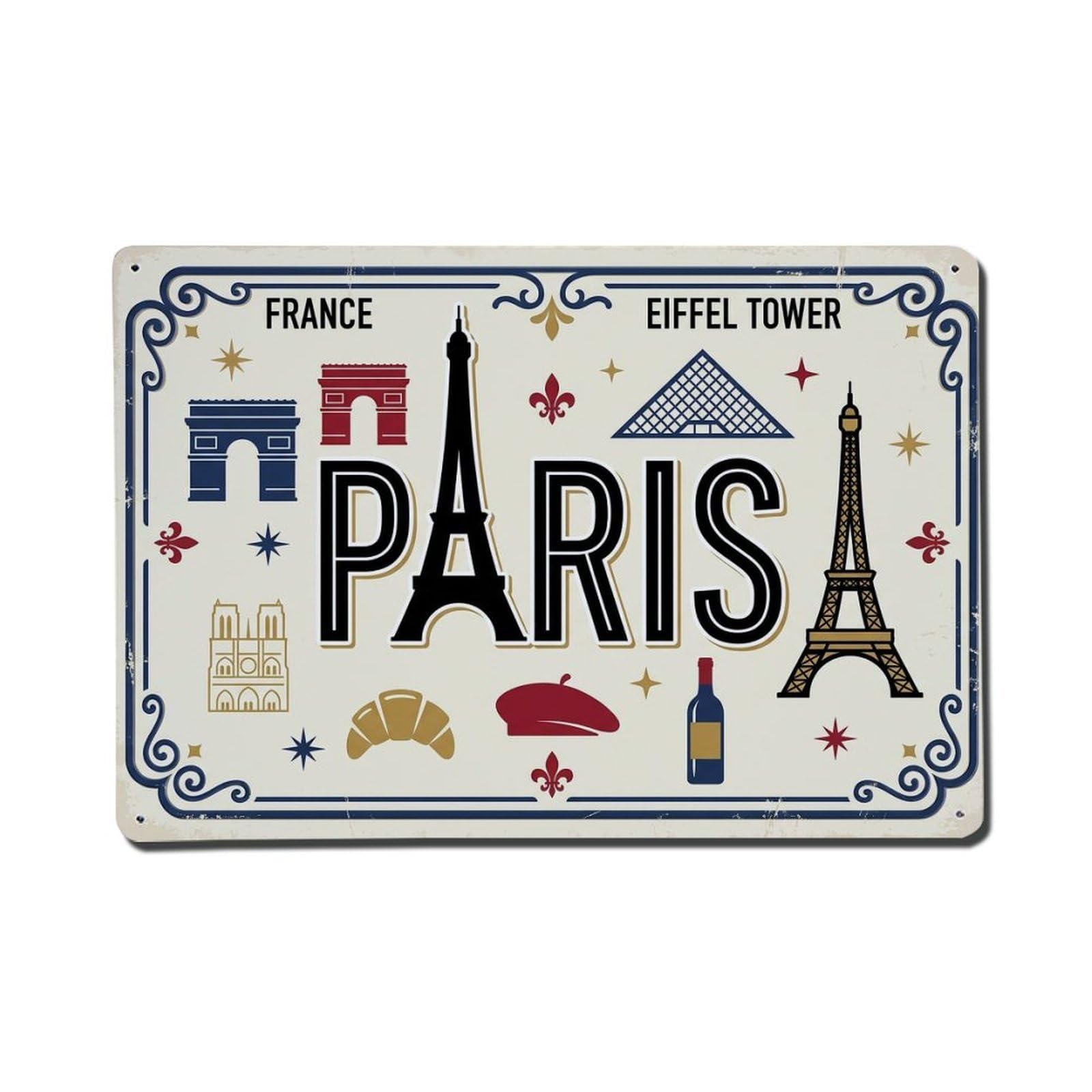 Xanthor Style Paris France Eiffel Tower Croissant Metal Tin Sign