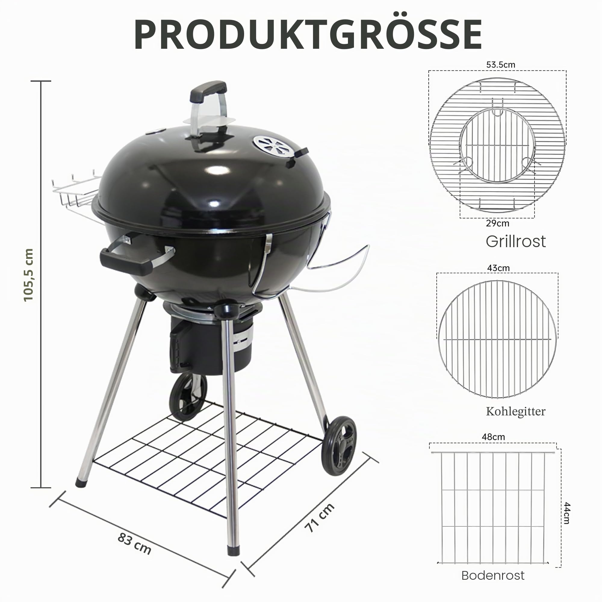 TEENO Holzkohlegrill mit Deckel, XXL Rundgrill, Aschekasten, Regulierbares Lüftungsloch, Kugelgrill, 83 cm x 71 cm x 105,5 cm – Ideal für Garten, Terrasse & Outdoor-Grillen