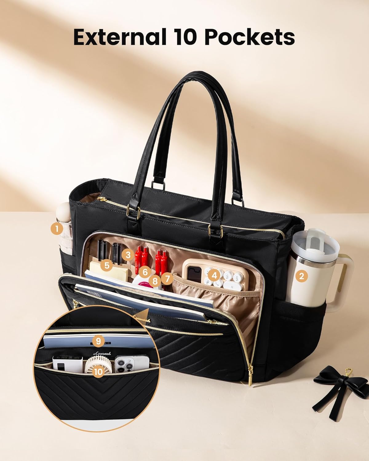 LOVEVOOK Laptop Tote Bag for Women, Insulated Lunch Bag, Large Capacity Teacher Nurse Bag for Work with Large Cup Holder Water Resistant, Womens Crossbody Handbags fit 16.3 Inch Laptop, Black