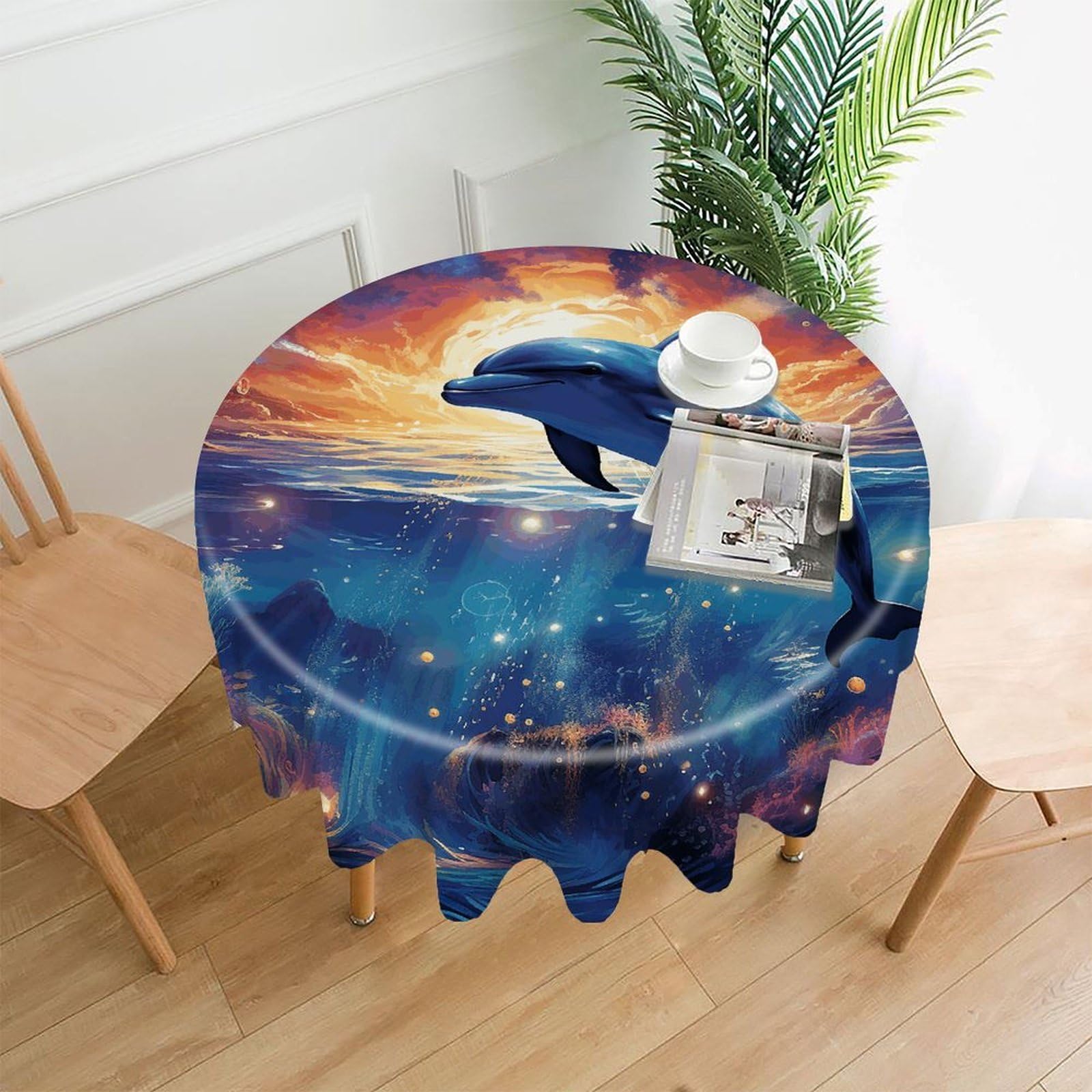 VstaDank Colorful Starry Sky Ocean Dolphin Tablecloth Easy to Clean Polyester Round Table Cover Washable Round Table Cloth Wrinkle-Free Circle Decoration Tablecloth for Kitchen Dining Room 60"