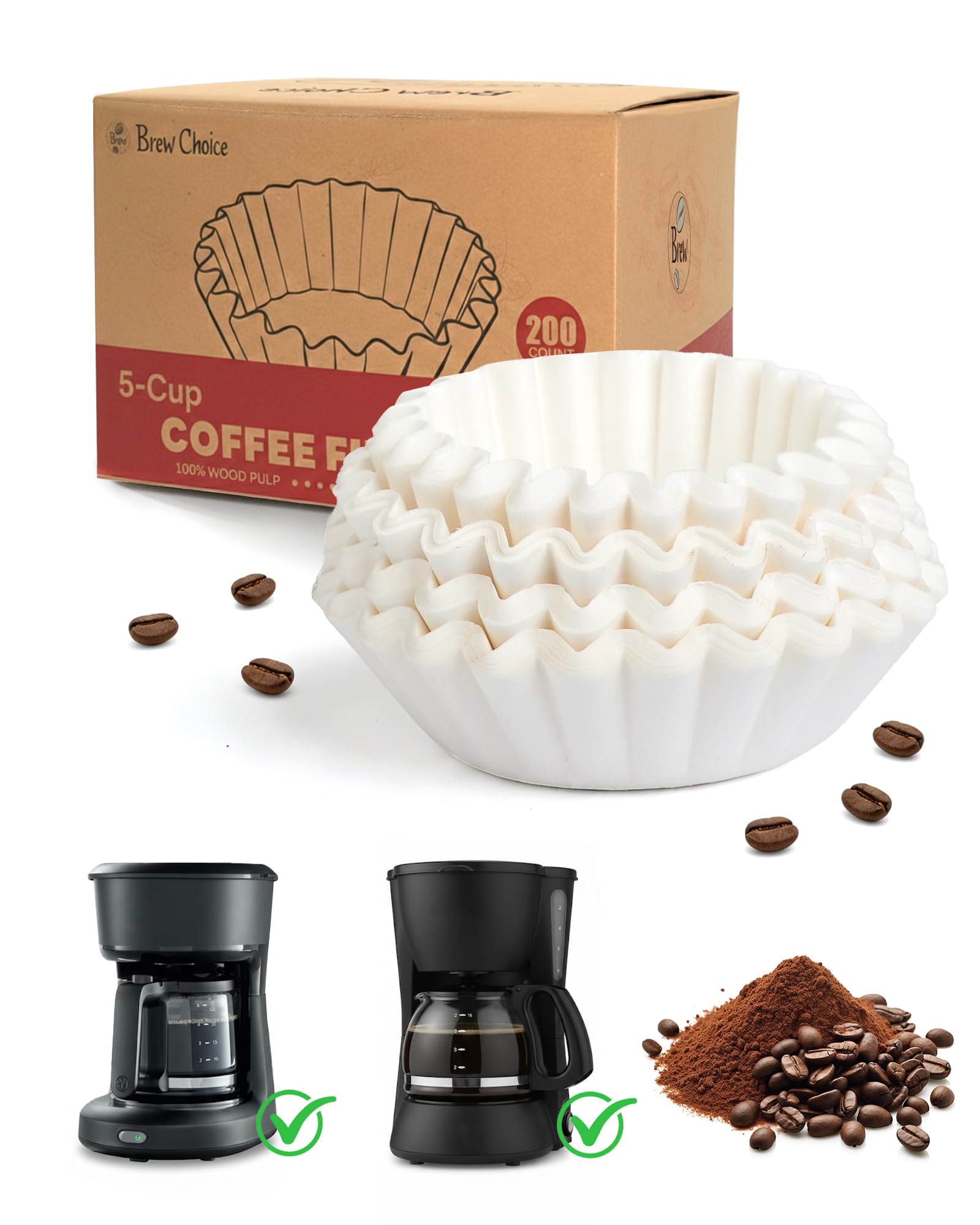 Brew Choice 5 Cup Basket Coffee Filters, 200 Count - 20% Thicker Small Coffee Filters Paper Compatible with Mr. Coffee & 4-5 Cup Coffee Makers - 2