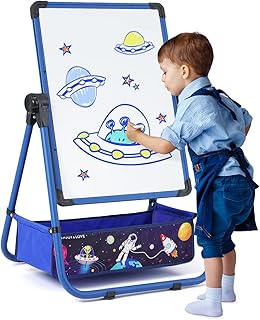 Kids Art Easel with 29.5inch-44inch Height Adjustable Whiteboard&Chalkboard Double Sided Easel 360°Rotating Standing Art Easel for Kids Blue