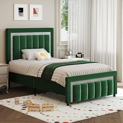Miniatura 11 de HOMBCK - Bases de cama tamaño individual con cabecero y estribo, base de cama plataforma tapizada con diseño de diamante, bases de cama tamaño