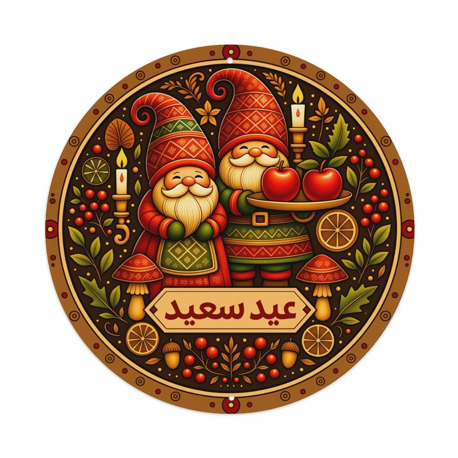 Festive Gnomes Apples Candles Mushrooms Round Tin Sign Vintage Style Metal Sign Home Bar Garden Wall Plaque Decor Metal Poster 8x8 Inch