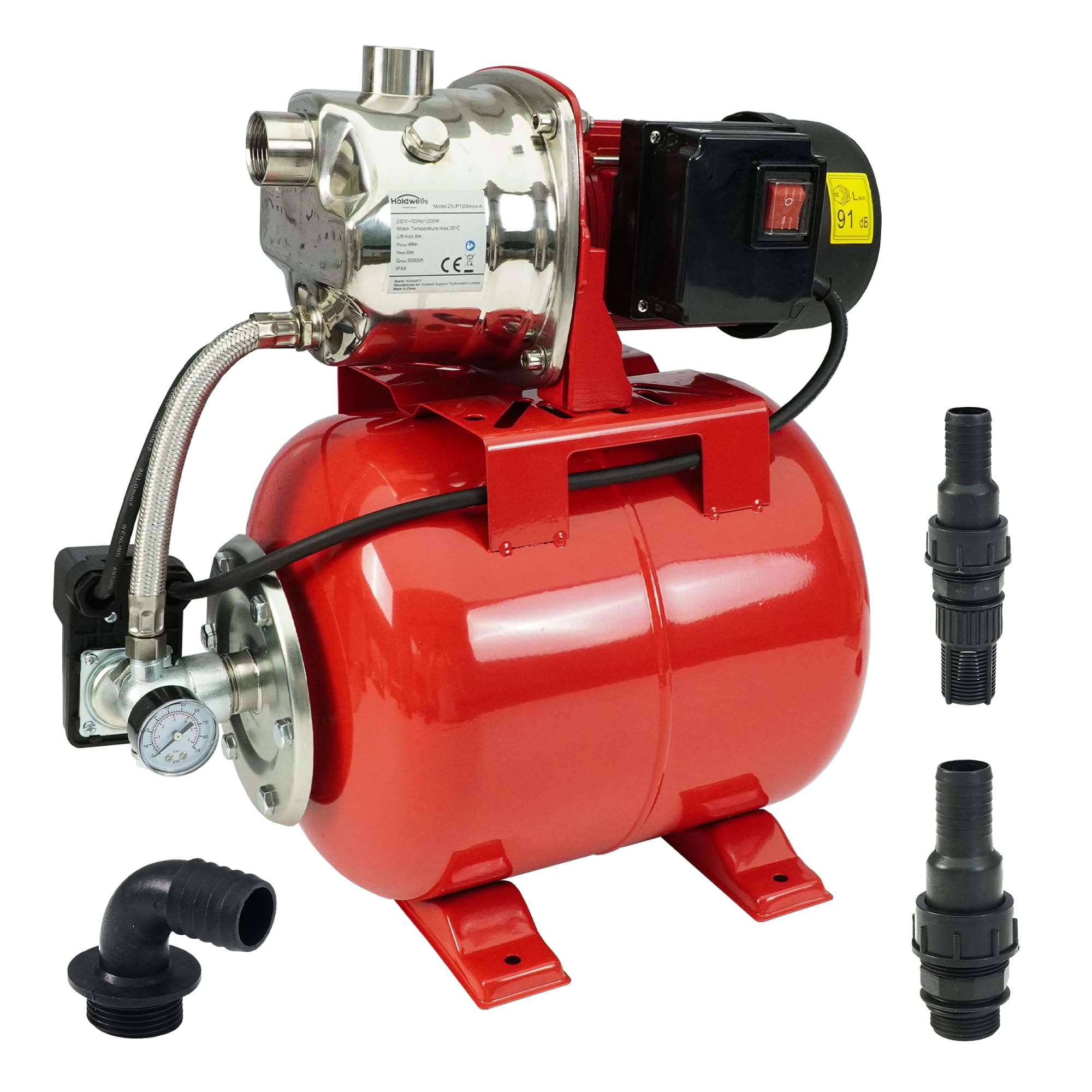 HoldwellS 1200W Flachbrunnen-Jetpumpe mit 19L Druckkessel, 5000 L/h, 49 m Förderhöhe, 9 m Ansaughöhe, Edelstahl & Aluminium, automatischer Druckschalter, IPX4 für Garten, Landwirtschaft & Haushalt