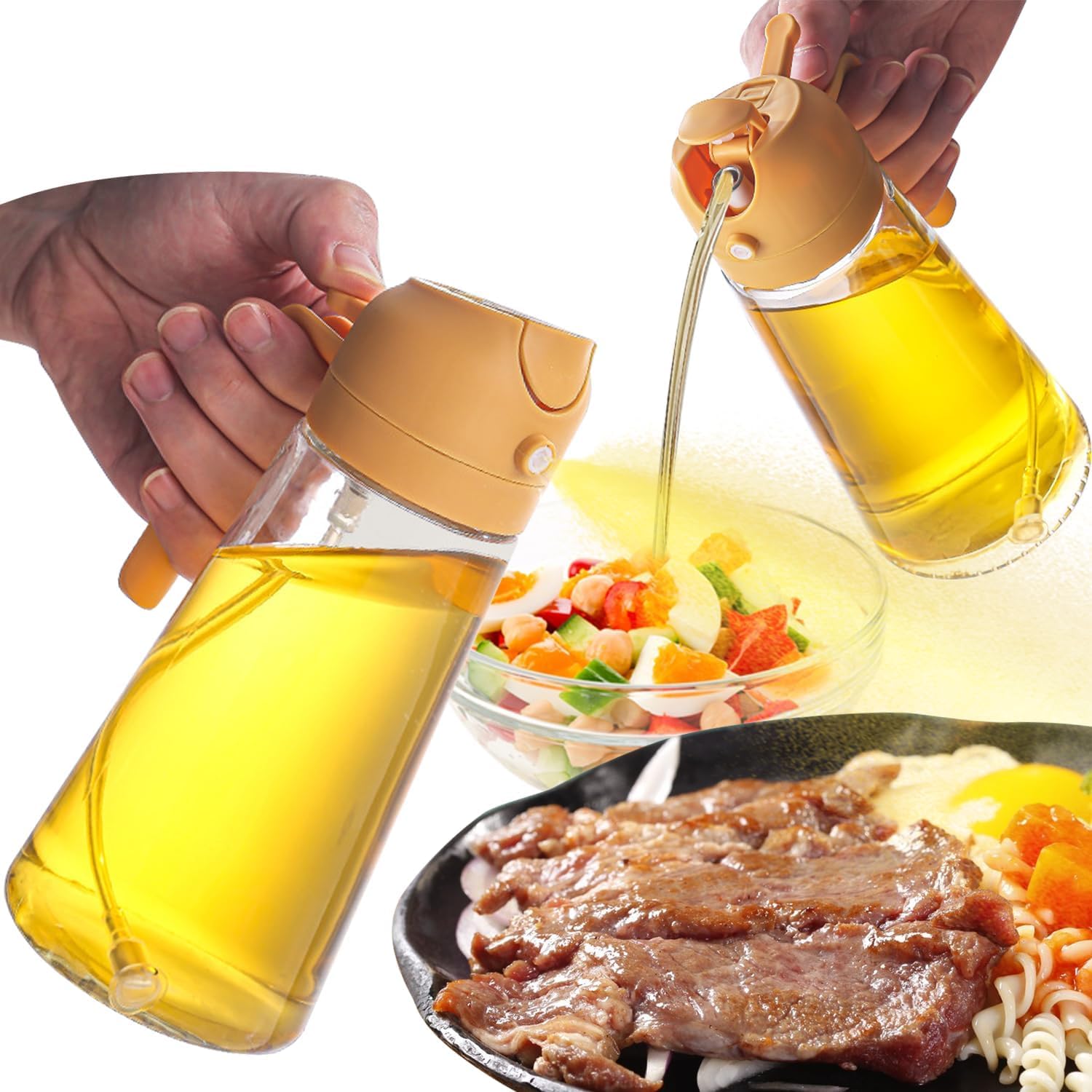 Ramkuwar Borosilicate Glass Olive Oil Bottle 2-in-1 Oil Dispenser & Sprayer with Lid Dual Function for Air Fryer, Baking - 450ml (Orange)