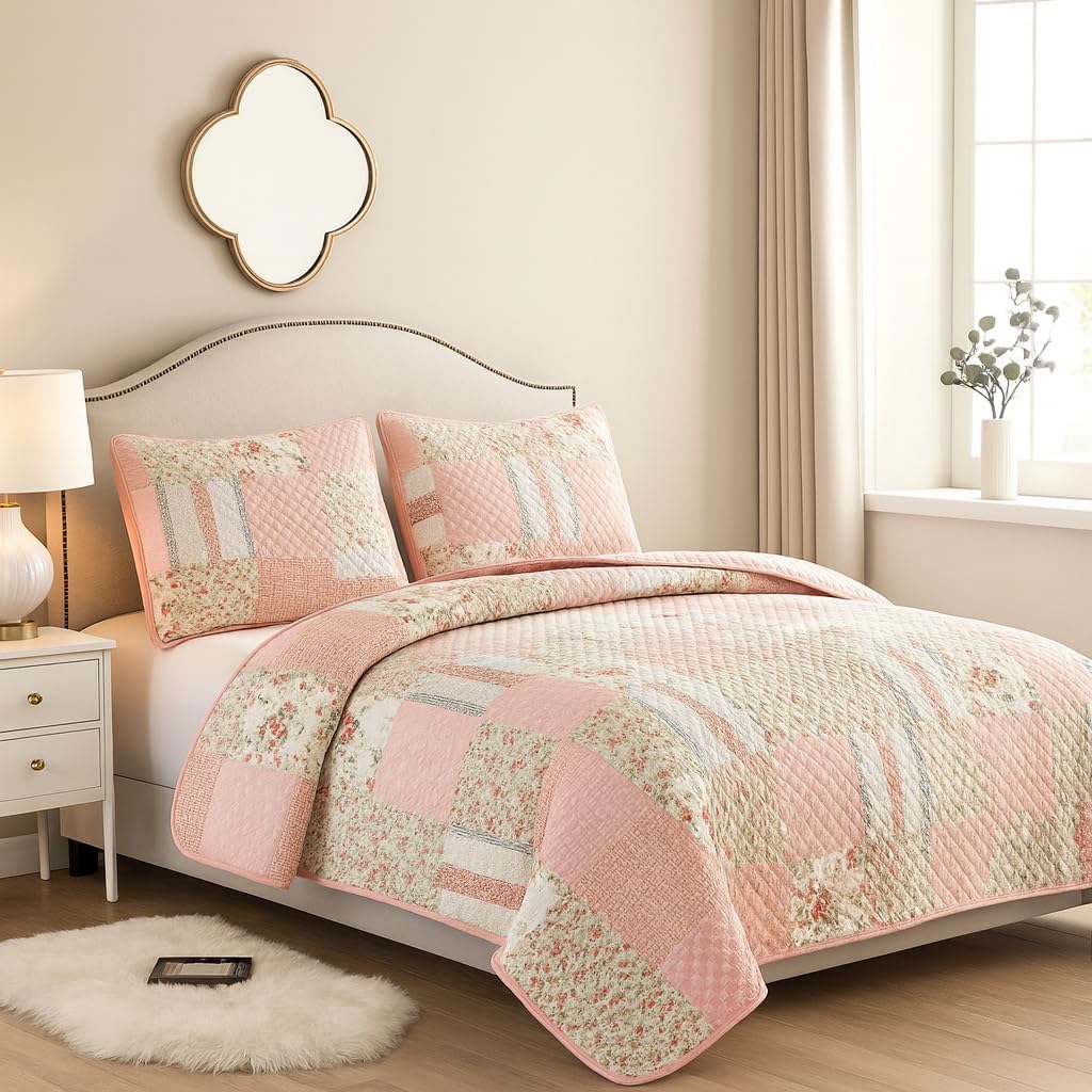 DBOZE Reversible Cotton Blend 3-Piece Embroidery Pattern Elegant Bedding Quilt Set with Embroidered Decorative Shams Soft Bedspread & Coverlet Set (Pink, Queen)