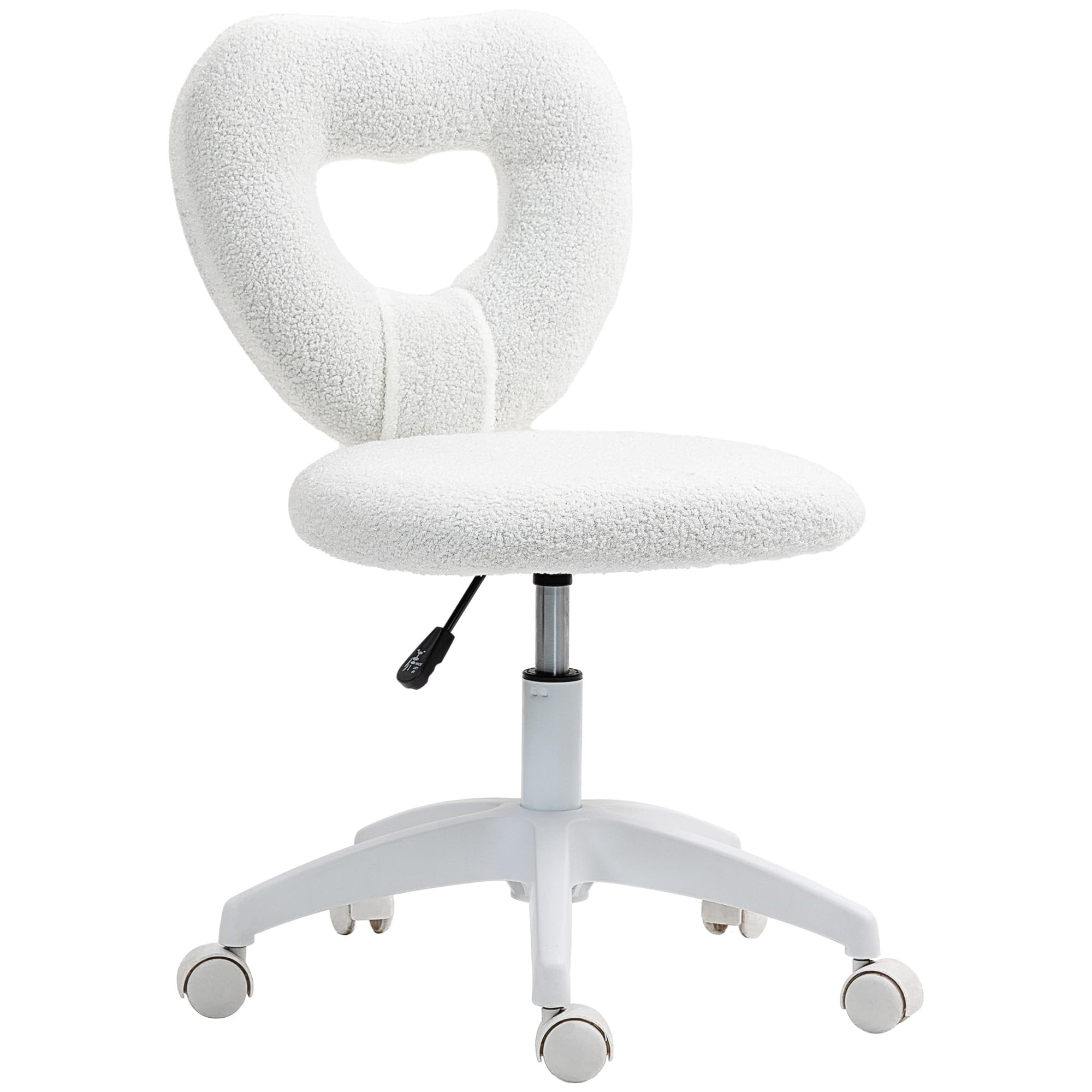 HOMCOM Armless Home Office Cute Desk Chair, Height Adjustable Computer Task Chair, Modern Teddy Fleece Heart Makeup Vanity Chair with Swivel Wheels,