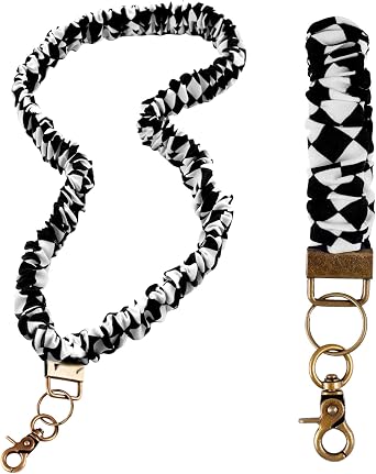 2PCS Scrunchie Lanyard Checkered Keychain Wristlet Stretchy Teacher Lanyard Breakaway Badge Holder Retractable Key Chains Women Cute Lanyards for ID Badges Gift for Nurse Teacher School Office