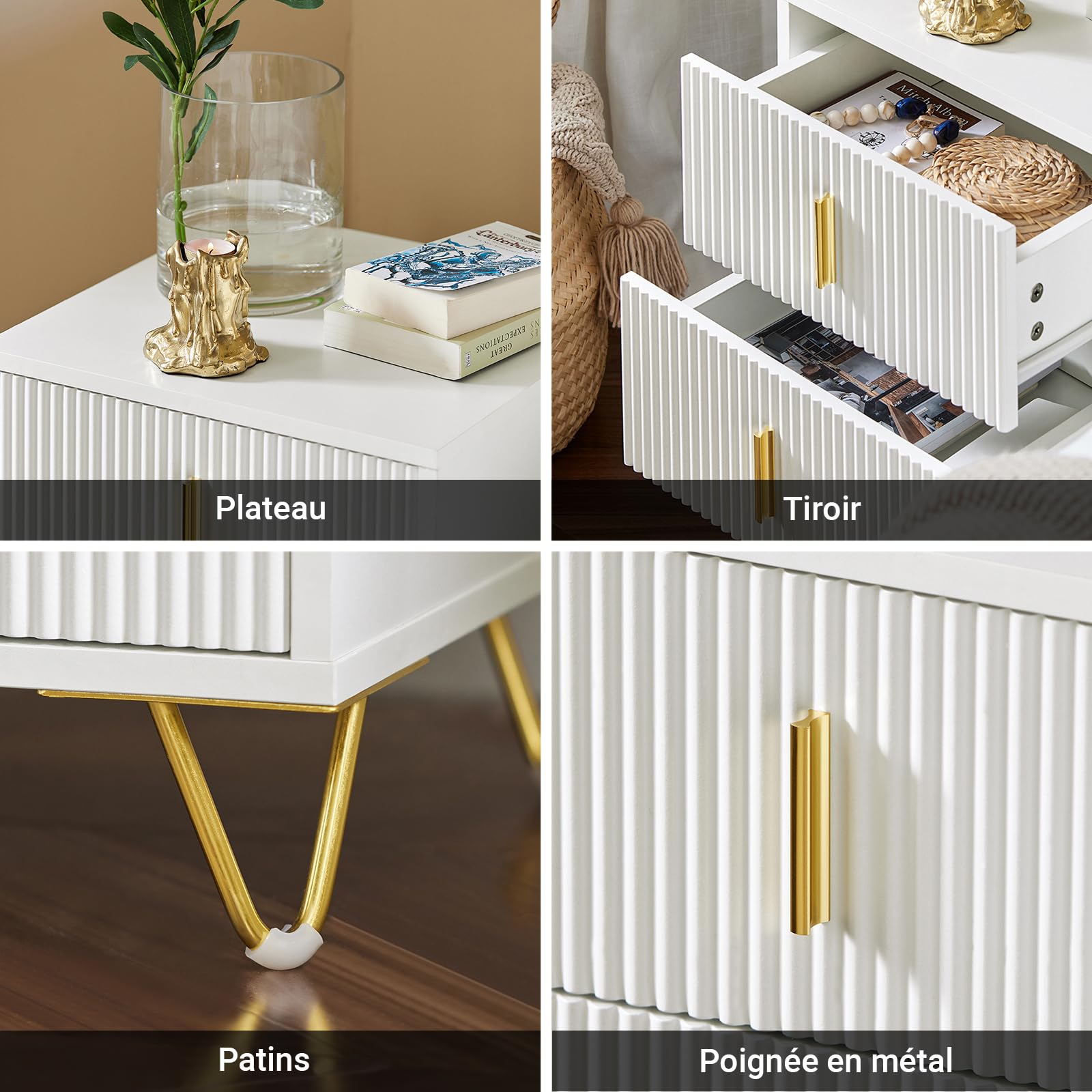 SoBuy Table de Chevet - Table de Nuit avec 2 tiroirs, Table d'appoint pour Chambre à Coucher - Meuble de Rangement Moderne, Blanc L40 x P40 x H47 cm FBT115-W | Table de nuit moderne avec pieds en métal, meuble rangement pour salon et chambre, Blanc, FBT11
