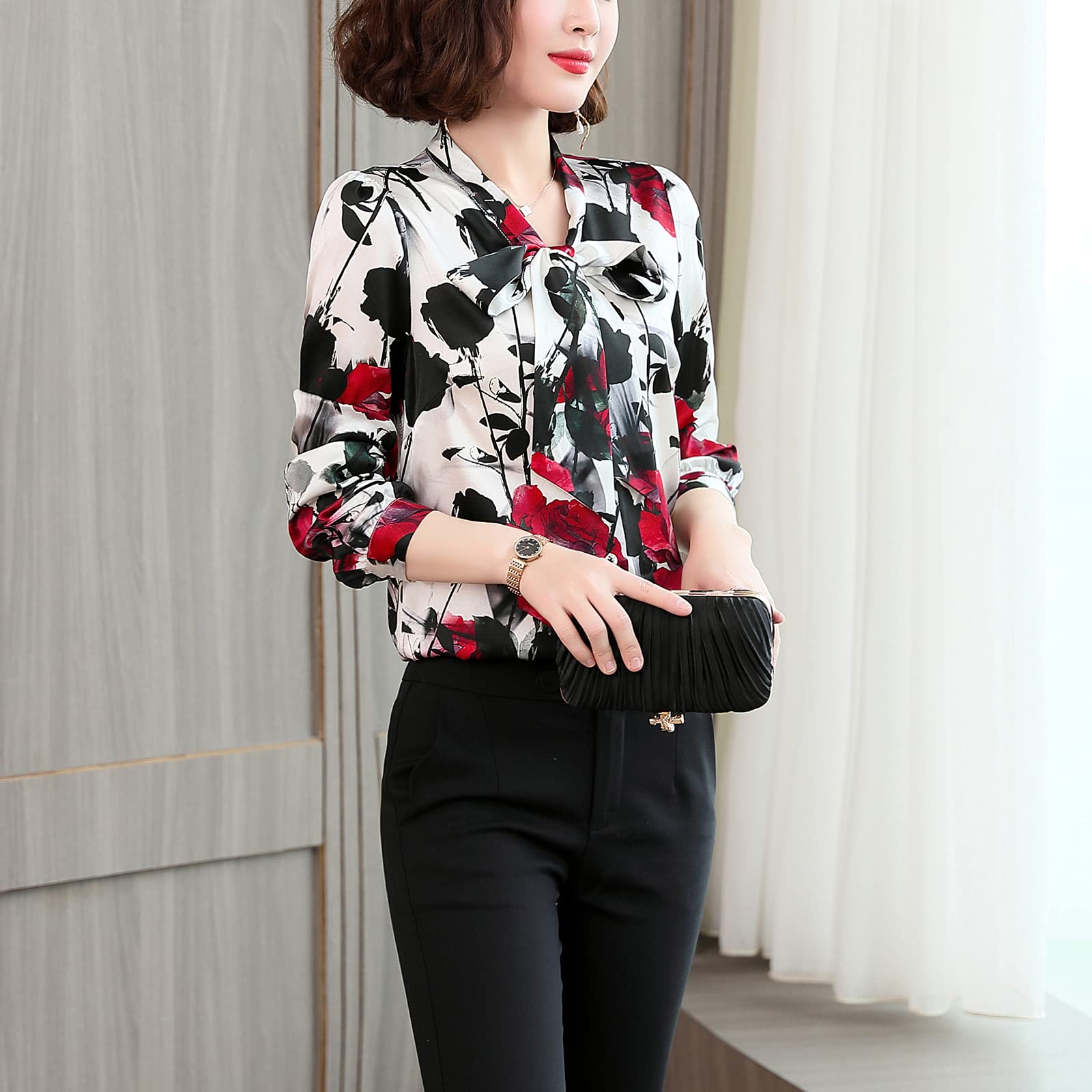 E-girl Blusa de seda para mujer con estampado de botones camisas blusa de manga larga corbata blusa de seda S1912-1