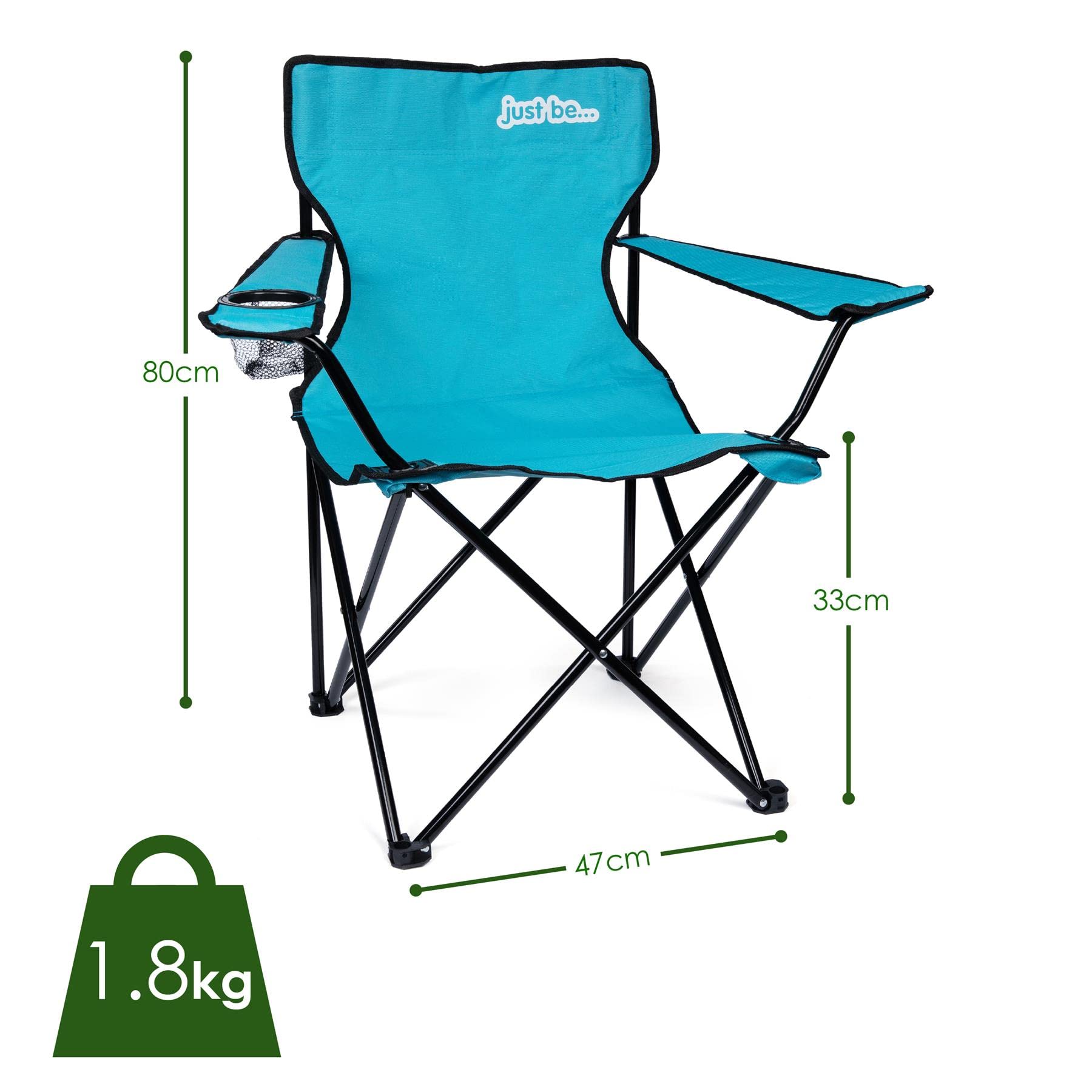 just be... Lot de 2 chaises de camping légères et pliantes avec accoudoirs, porte-gobelet et sac de transport, toile en polyester, cadre en acier tubulaire, bleu clair/bordure noire