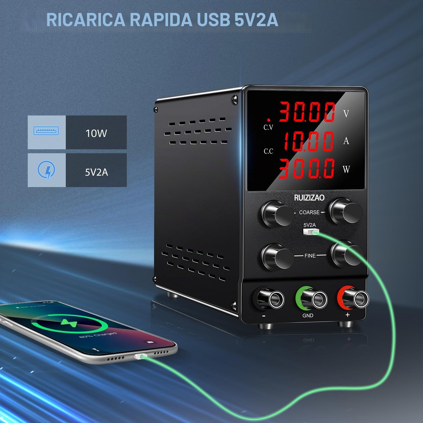 Alimentatore regolabile 30 V 10 A DC Alimentatori da Laboratorio Alimentazione Banca Regolabile Display LED a 4 cifre (Nero 30 V 10 A)