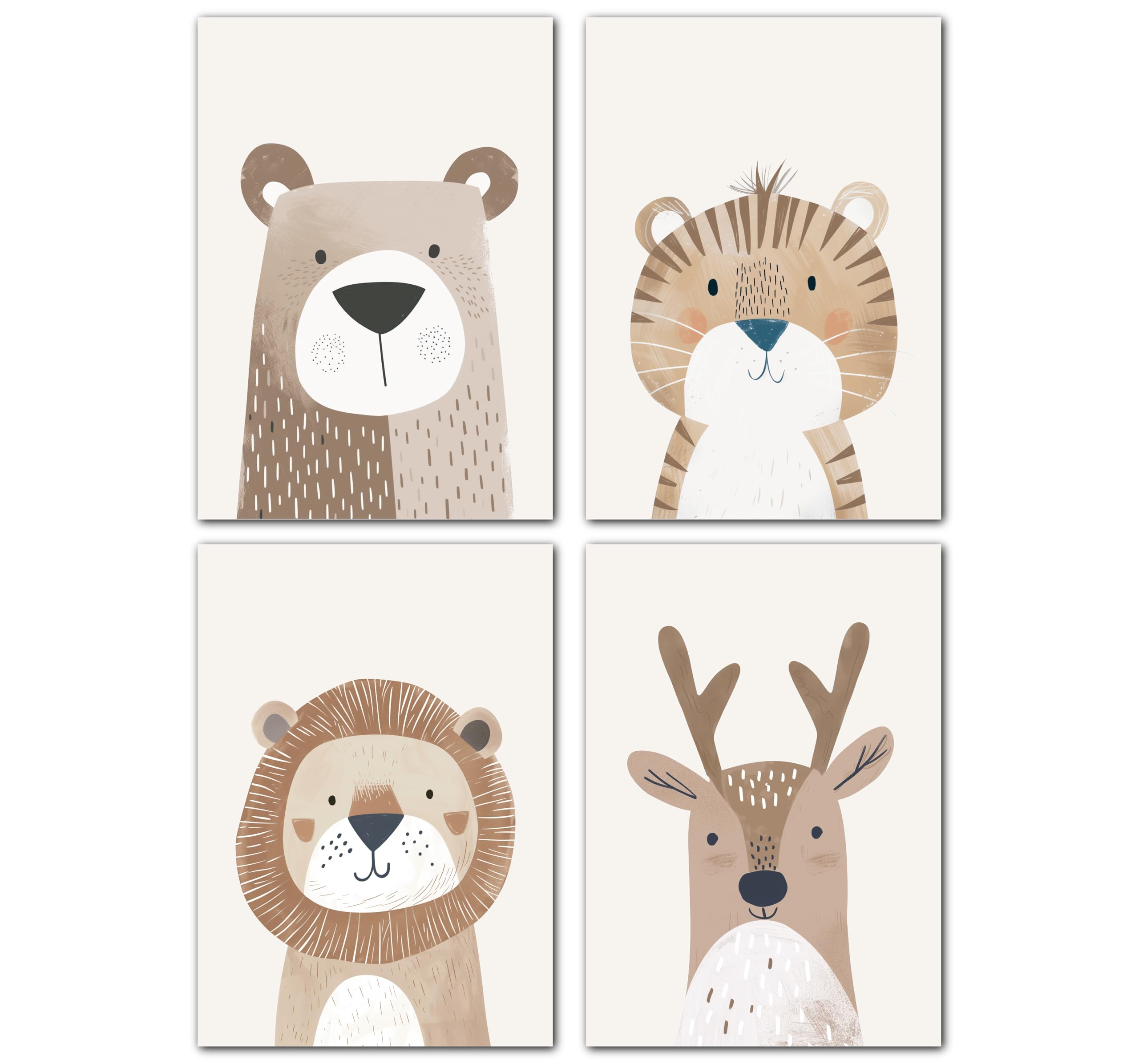 Poster Animaux Beige Pour Chambre De Bébé - Lot De 4 Images A3 (30x42 Cm) Sans Cadre, Décoration Murale Douce